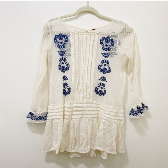 Free People Jocelyn Embroidered Sheer Ivory Top Sz Small - Picture 2 of 8